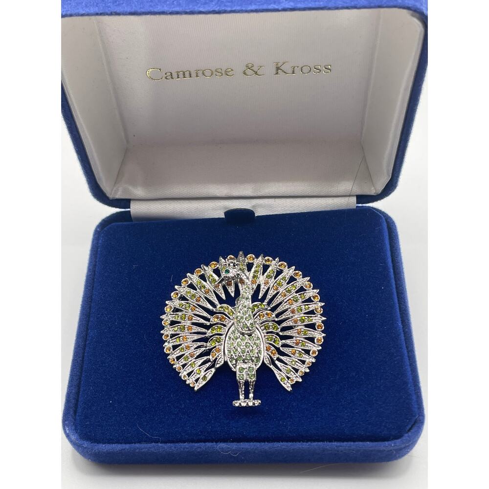 Camrose & Kross JBK Peacock Brooch Green Orange New Original Box & COA
